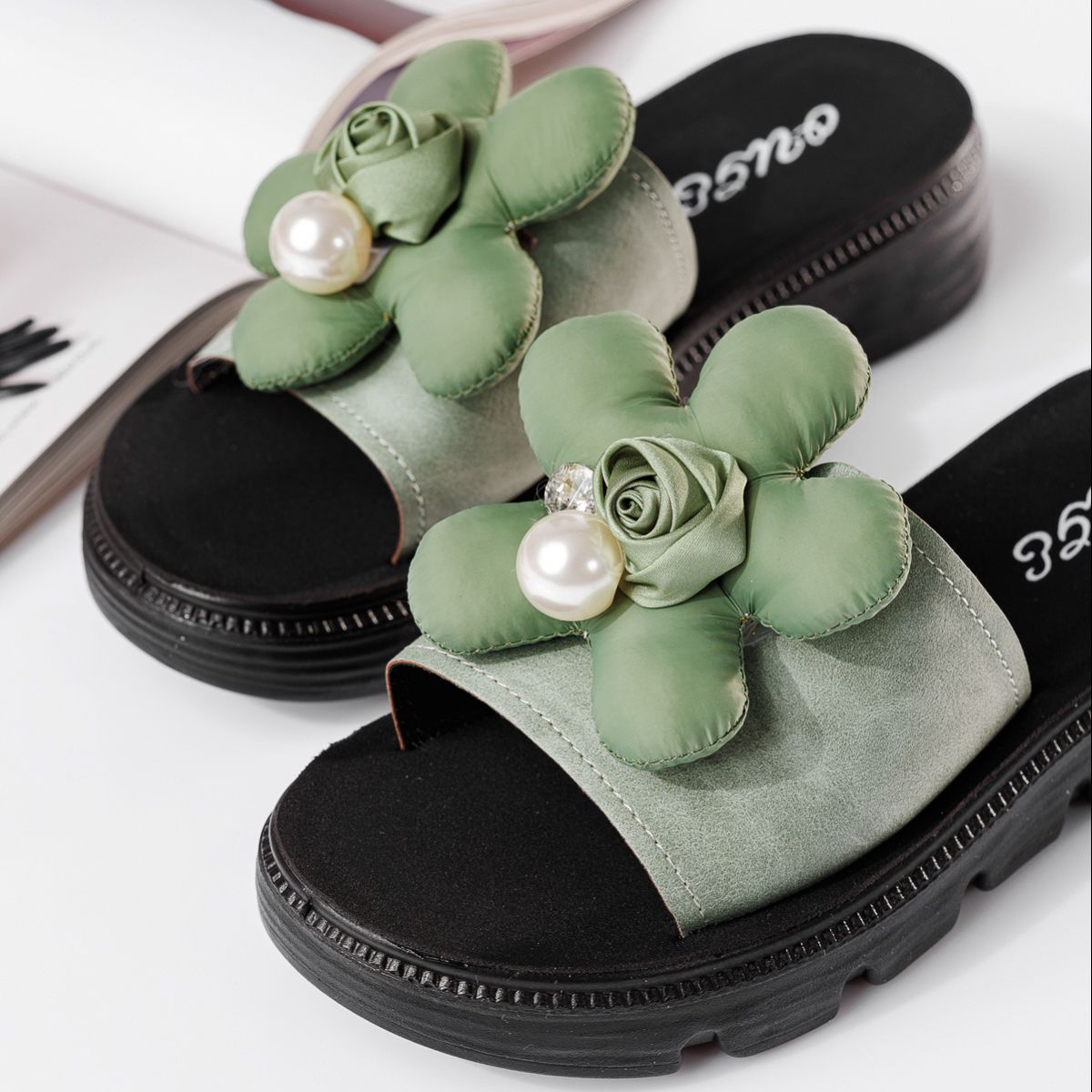Papuci cu platforma dama verzi din piele ecologica Nova #19633