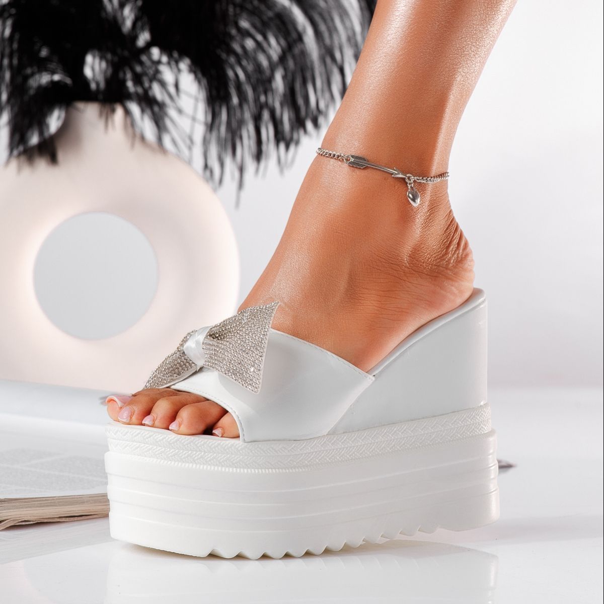 Papuci cu platforma dama albi din piele ecologica Camila #19812