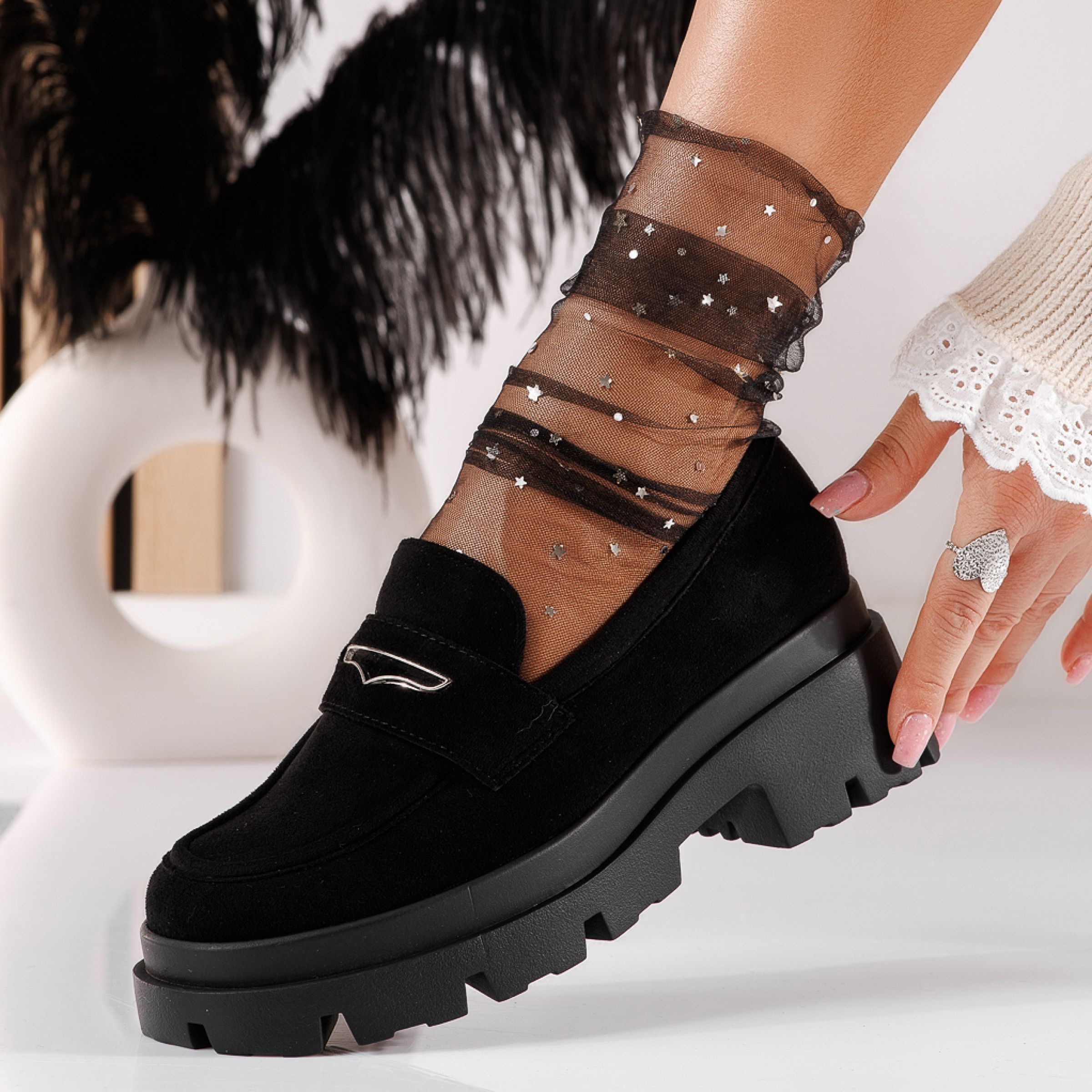 Pantofi casual dama negri din piele ecologica intoarsa Debbie #20516