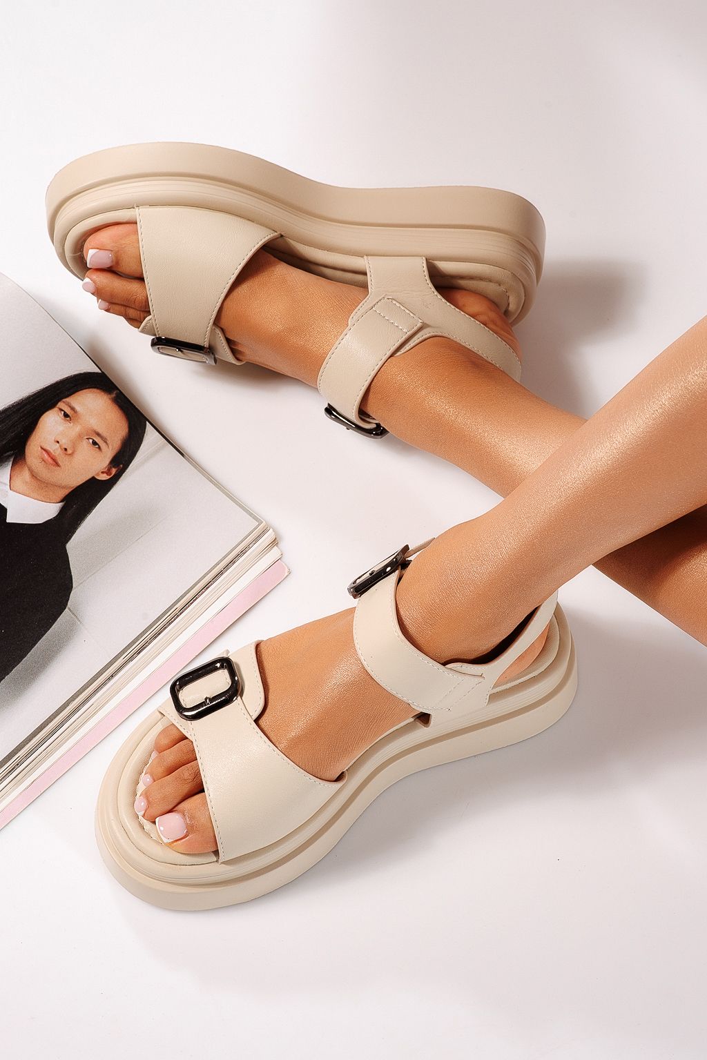 Sandale cu platforma dama bej din piele ecologica Diana #21692