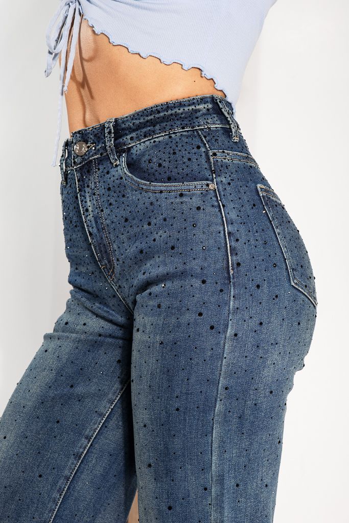 Blugi Wide Leg Fit Dama Flori Albastri #A1231