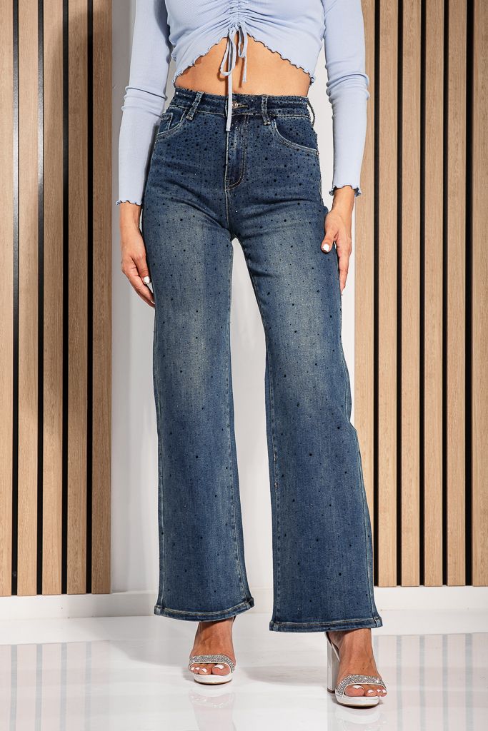 Blugi Wide Leg Fit Dama Flori Albastri #A1231