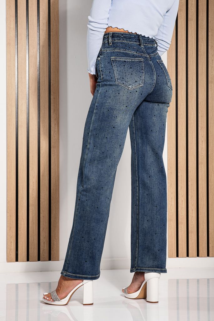 Blugi Wide Leg Fit Dama Flori Albastri #A1231
