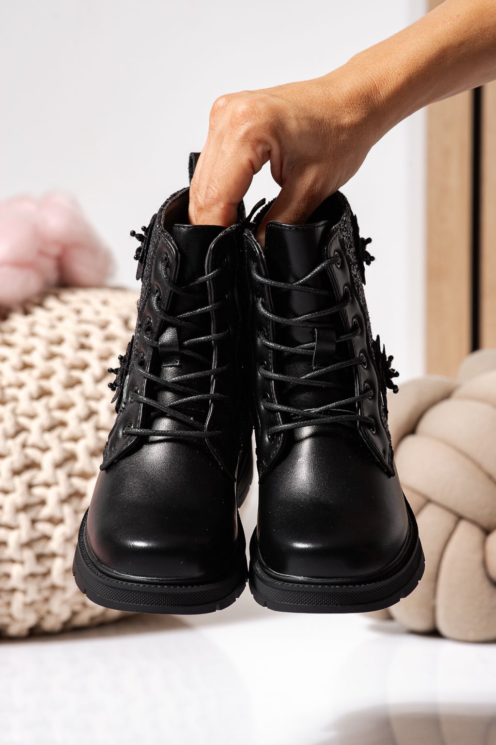 Ghete fete imblanite negre din piele ecologica Marina #22549