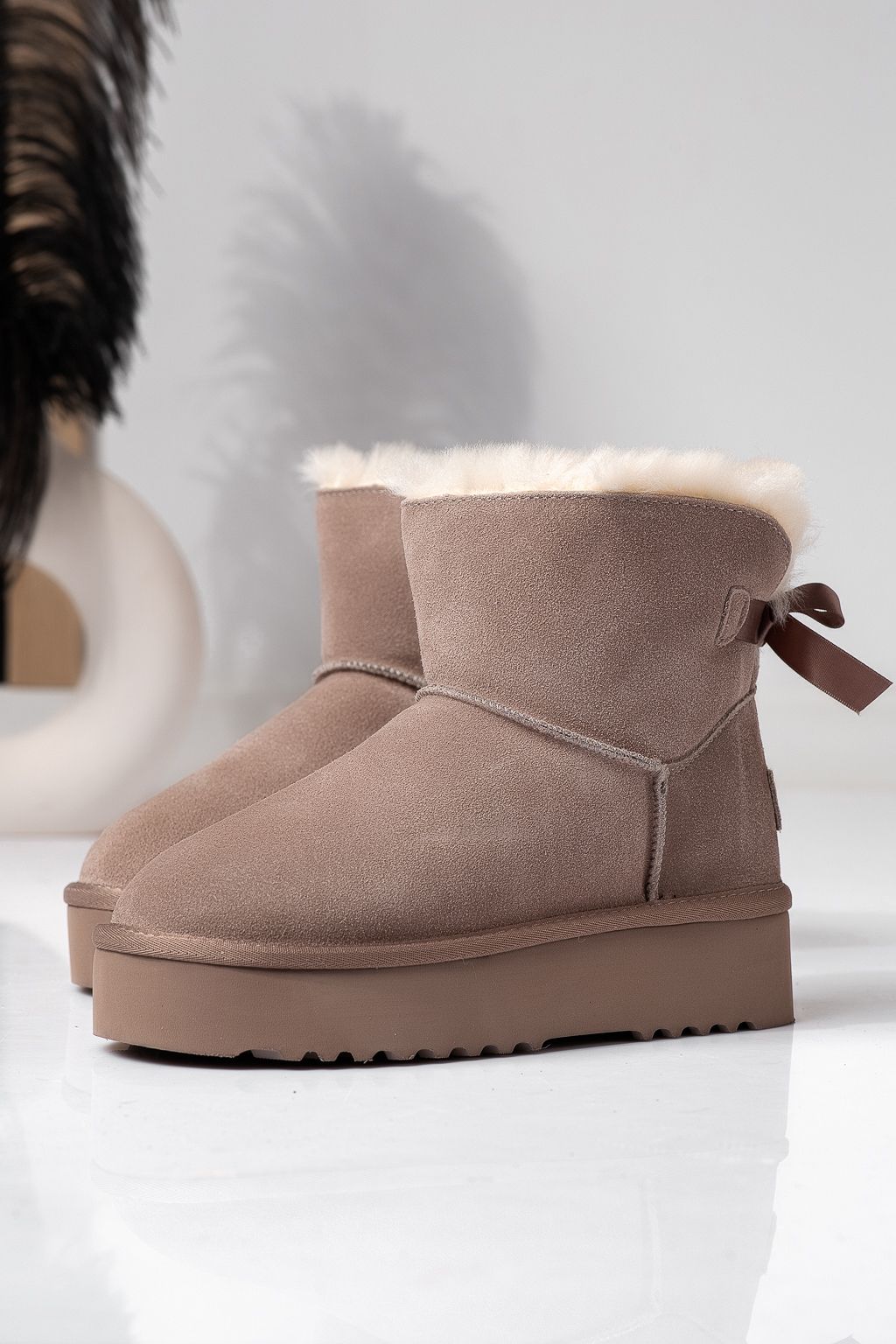 Cizme scurte dama imblanite tip Ug bej din piele naturala intoarsa Camila #22624