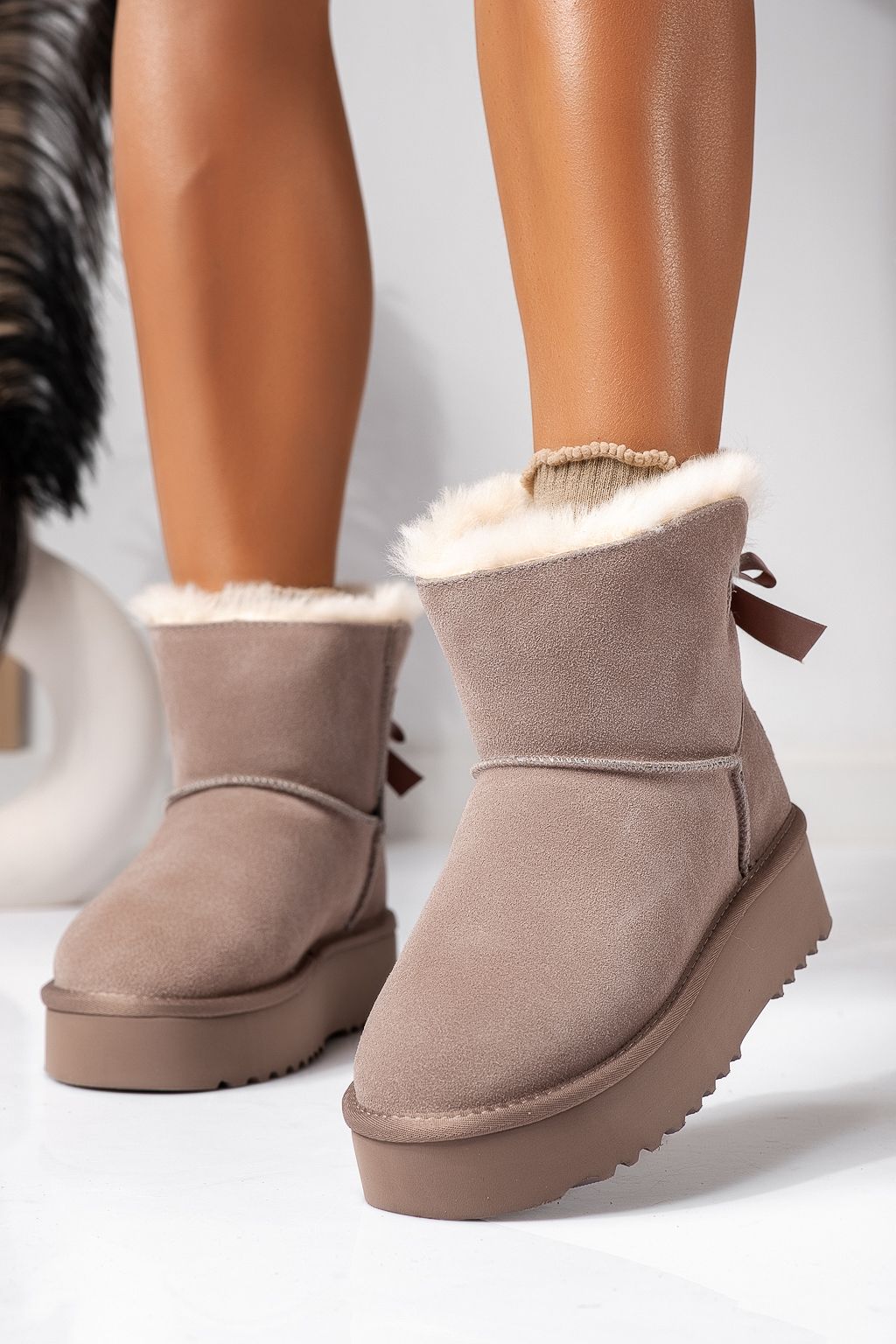 Cizme scurte dama imblanite tip Ug bej din piele naturala intoarsa Camila #22624