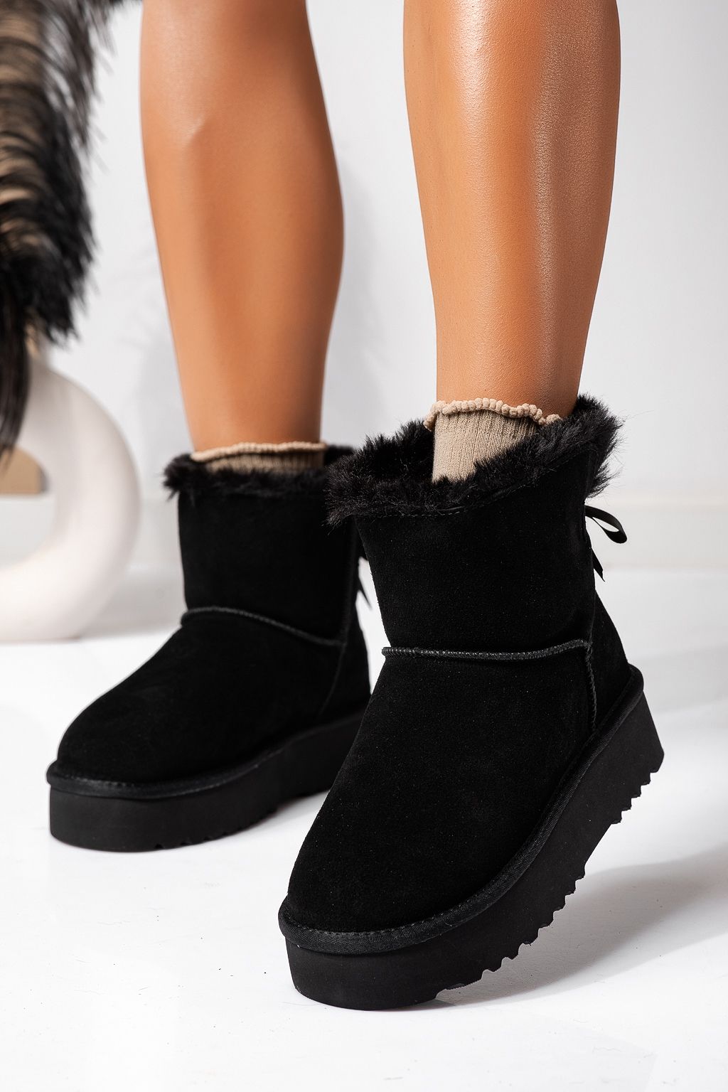 Cizme scurte dama imblanite  tip Ug negre din piele naturala intoarsa Camila #22626