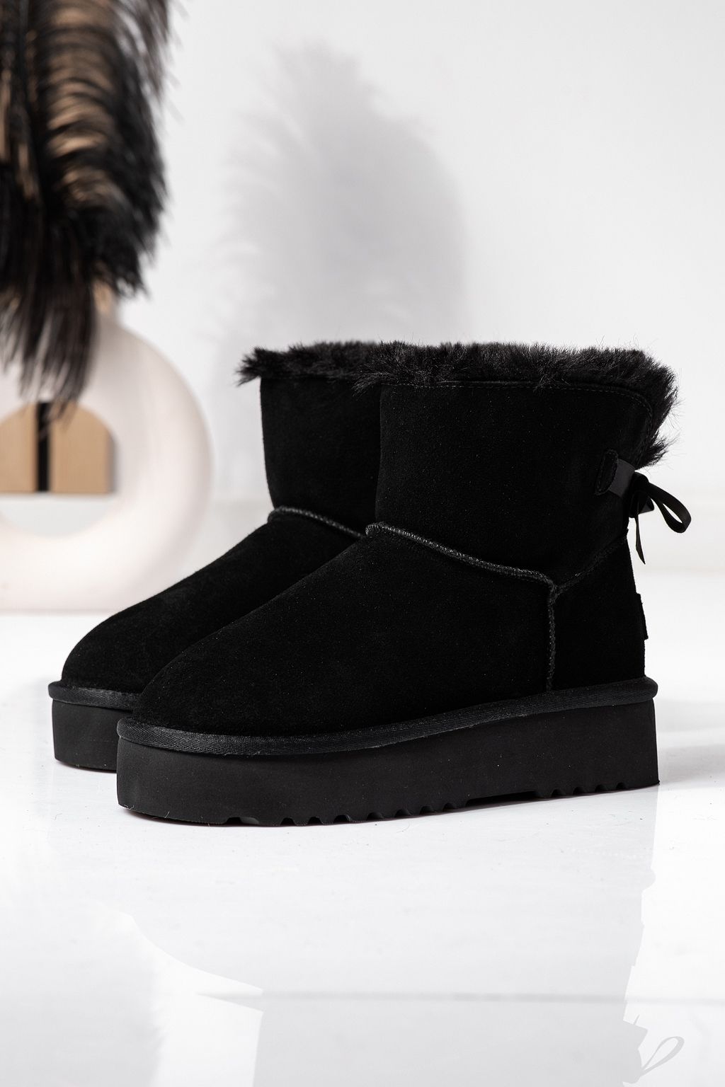 Cizme scurte dama imblanite  tip Ug negre din piele naturala intoarsa Camila #22626