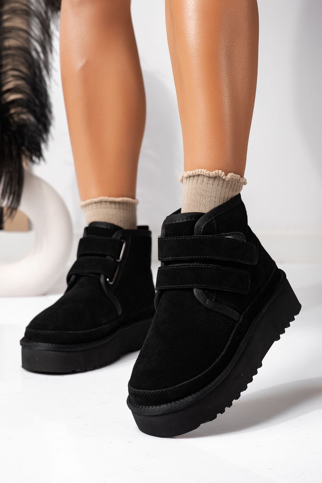 Cizme scurte dama imblanite  tip Ug negre din piele naturala intoarsa Carla #22628