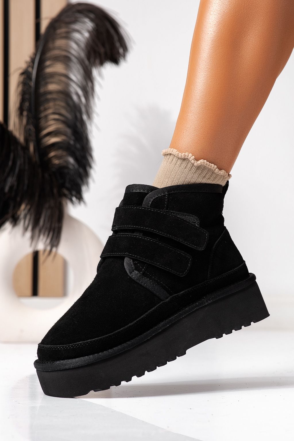 Cizme scurte dama imblanite  tip Ug negre din piele naturala intoarsa Carla #22628