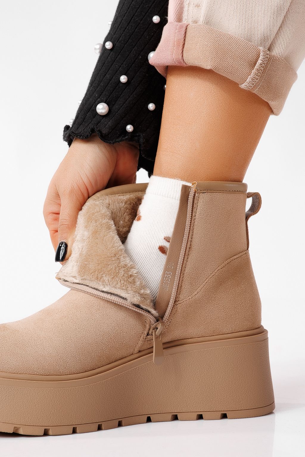 Ghete dama îmblanite khaki din piele ecologica intoarsa Ariana #22637
