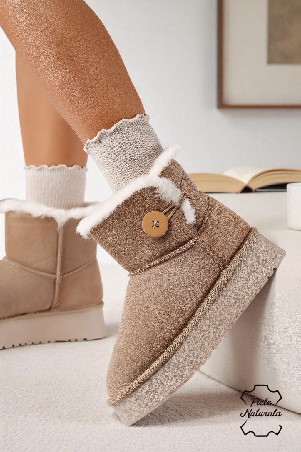 Cizme scurte dama îmblanite tip Ug khaki din piele naturala intoarsa Larisa #22885