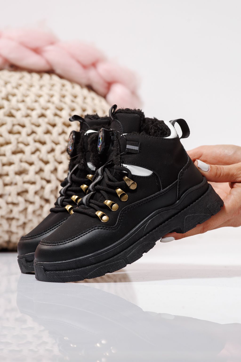 Ghete copii imblanite negre din piele ecologica Akira #23147