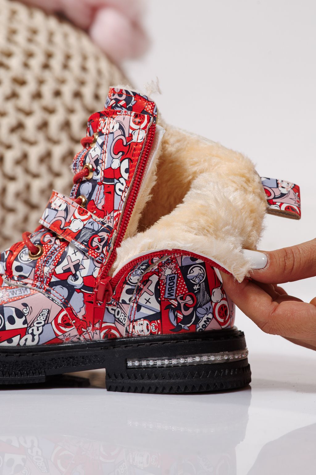 Ghete fete imblanite rosii din piele ecologica Eliza #23130