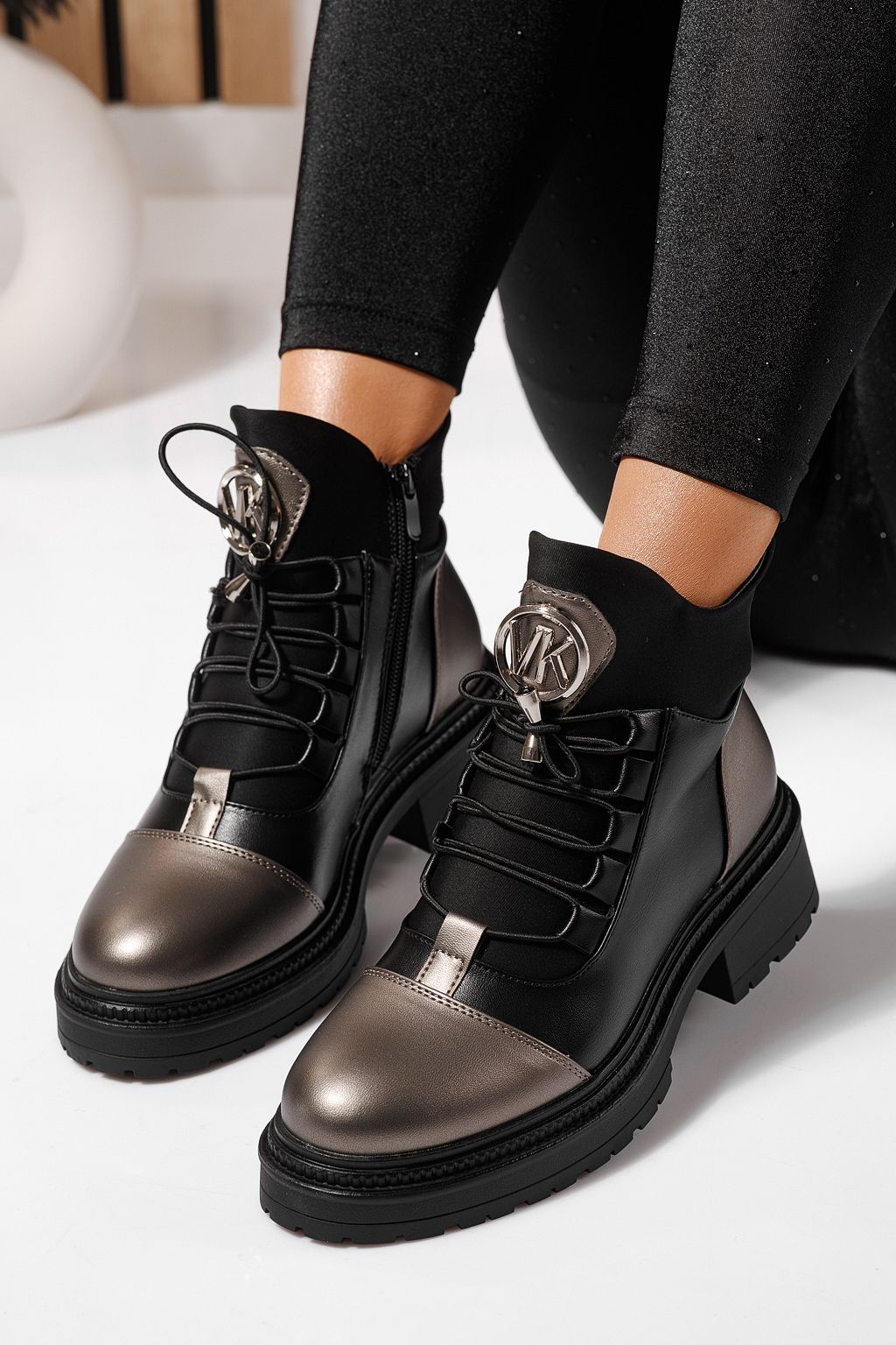 Ghete dama îmblanite negre din piele ecologica Nami #23054