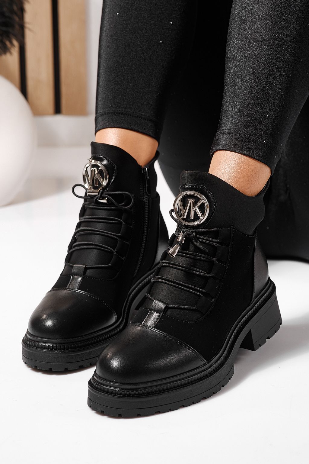 Ghete dama îmblanite negre din piele ecologica Nami #23055