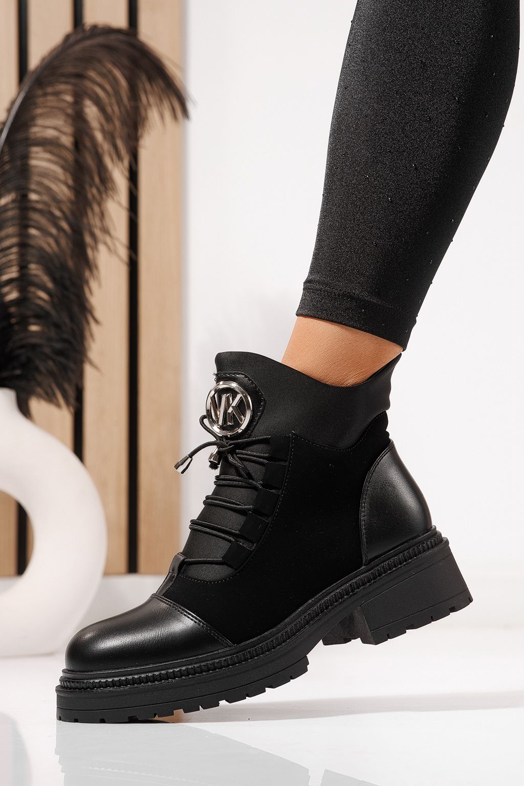 Ghete dama îmblanite negre din piele ecologica Nami #23055