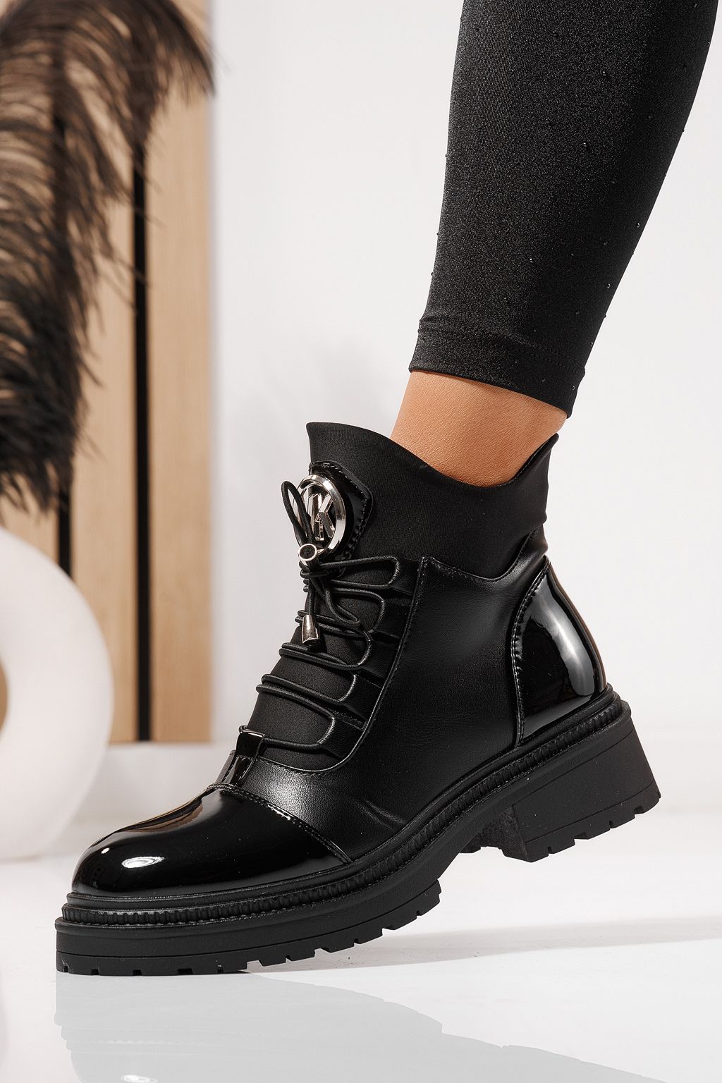 Ghete dama îmblanite negre din piele ecologica lacuita Nami #23056