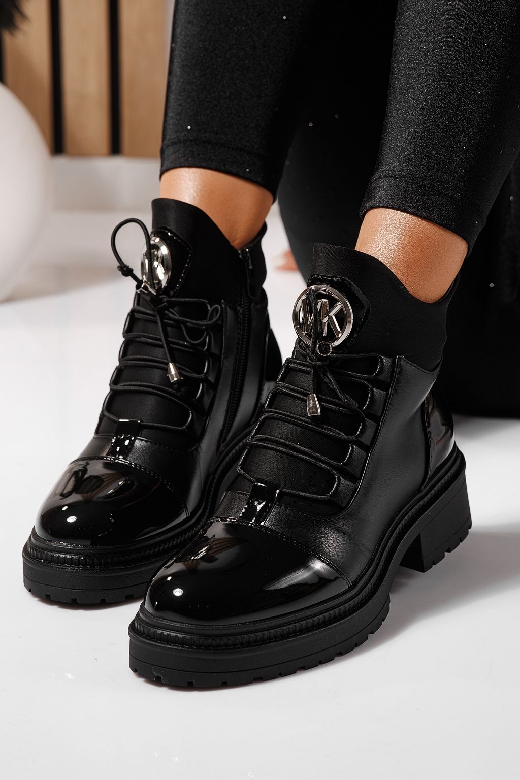 Ghete dama îmblanite negre din piele ecologica lacuita Nami #23056