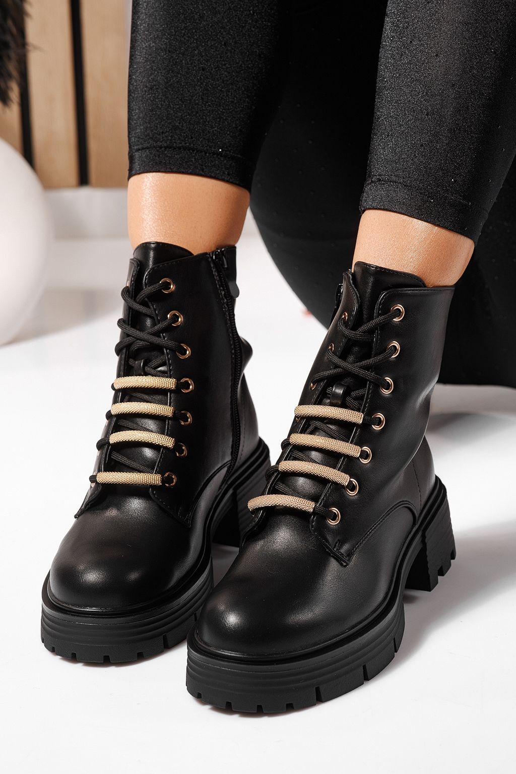 Ghete dama îmblanite negre din piele ecologica Julia #23086