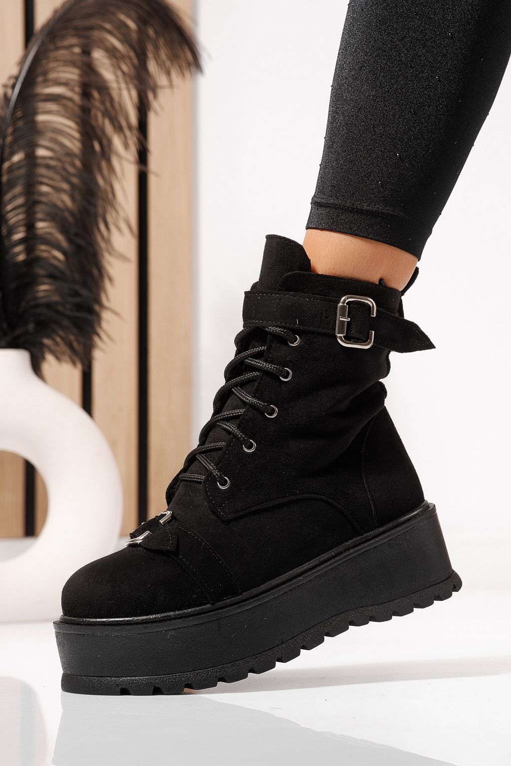 Ghete dama îmblanite  negre din piele ecologica intoarsa Joplin #23174