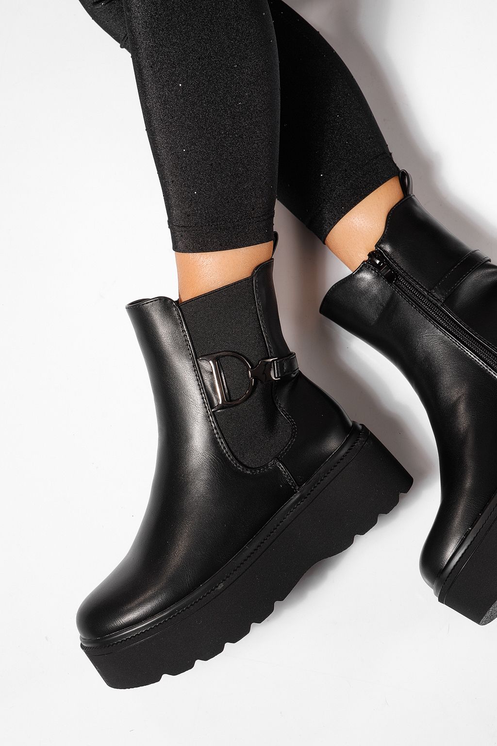 Ghete dama îmblanite negre din piele ecologica Dalia #23074