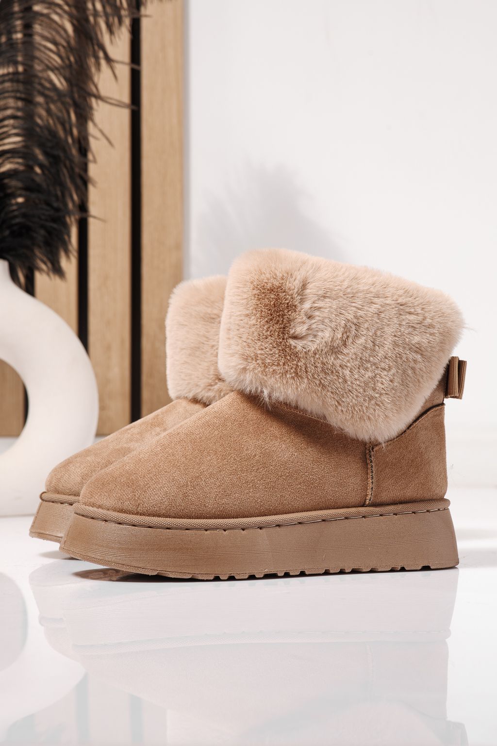 Cizme scurte dama îmblanite tip Ug khaki din piele ecologica intoarsa Beatrice #23069