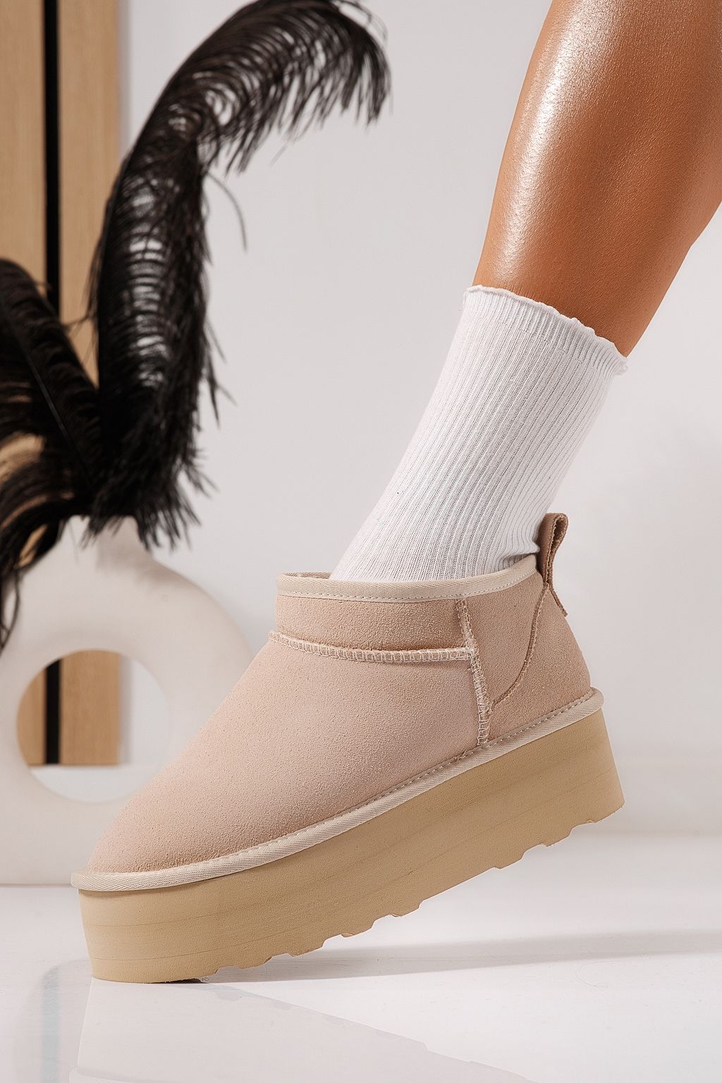 Cizme scurte dama îmblanite tip Ug bej din piele naturala Zina #23159