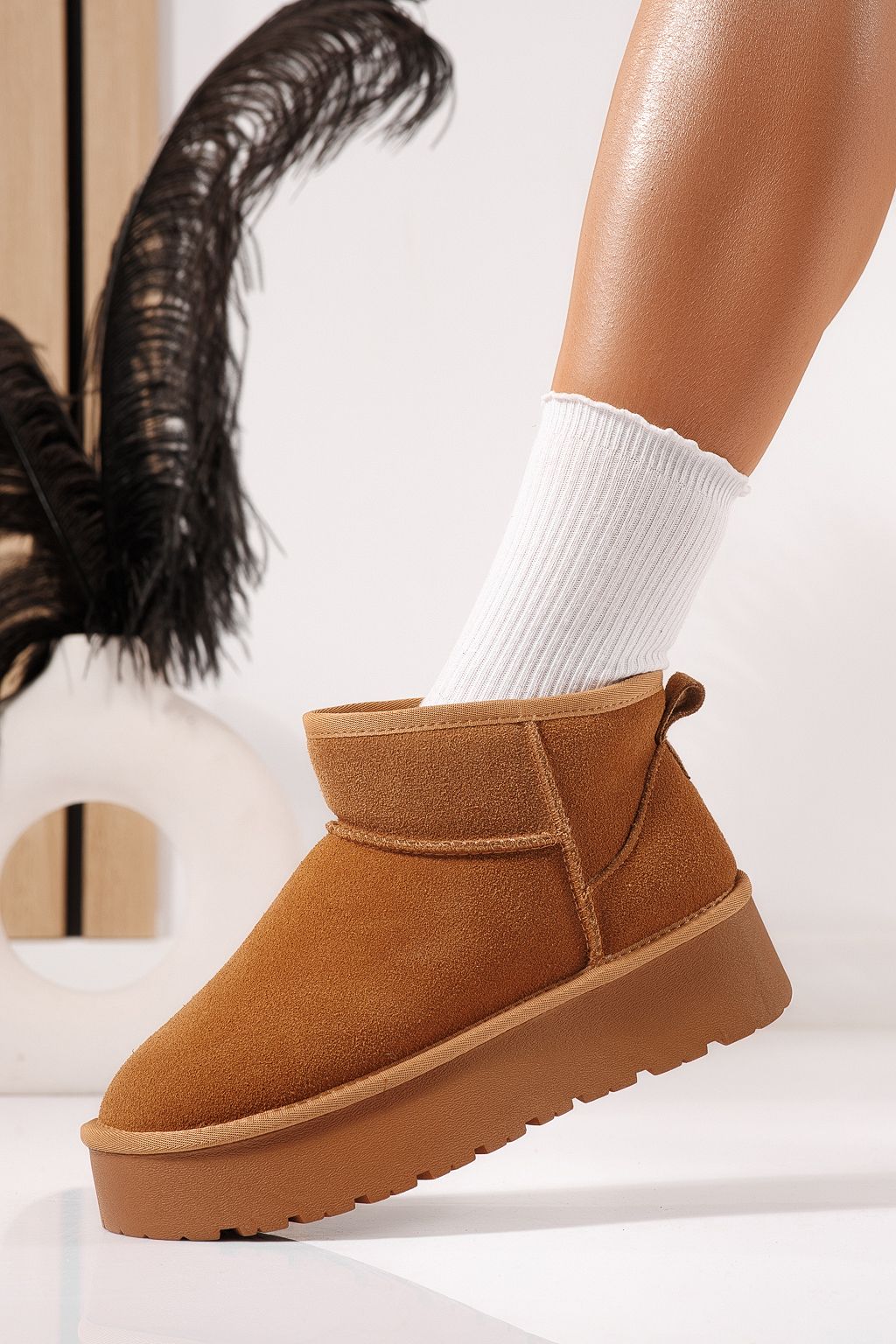 Cizme scurte dama îmblanite tip Ug maro din piele naturala intoarsa Sabina #23155