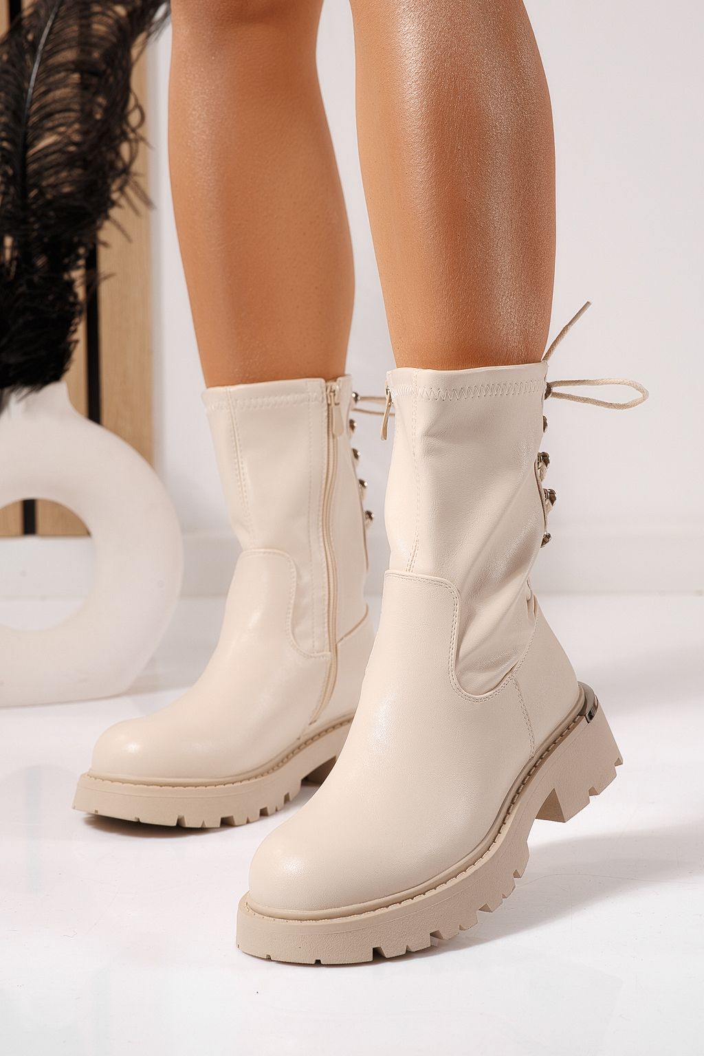 Ghete dama captusite bej din piele ecologica Evelyn #23077