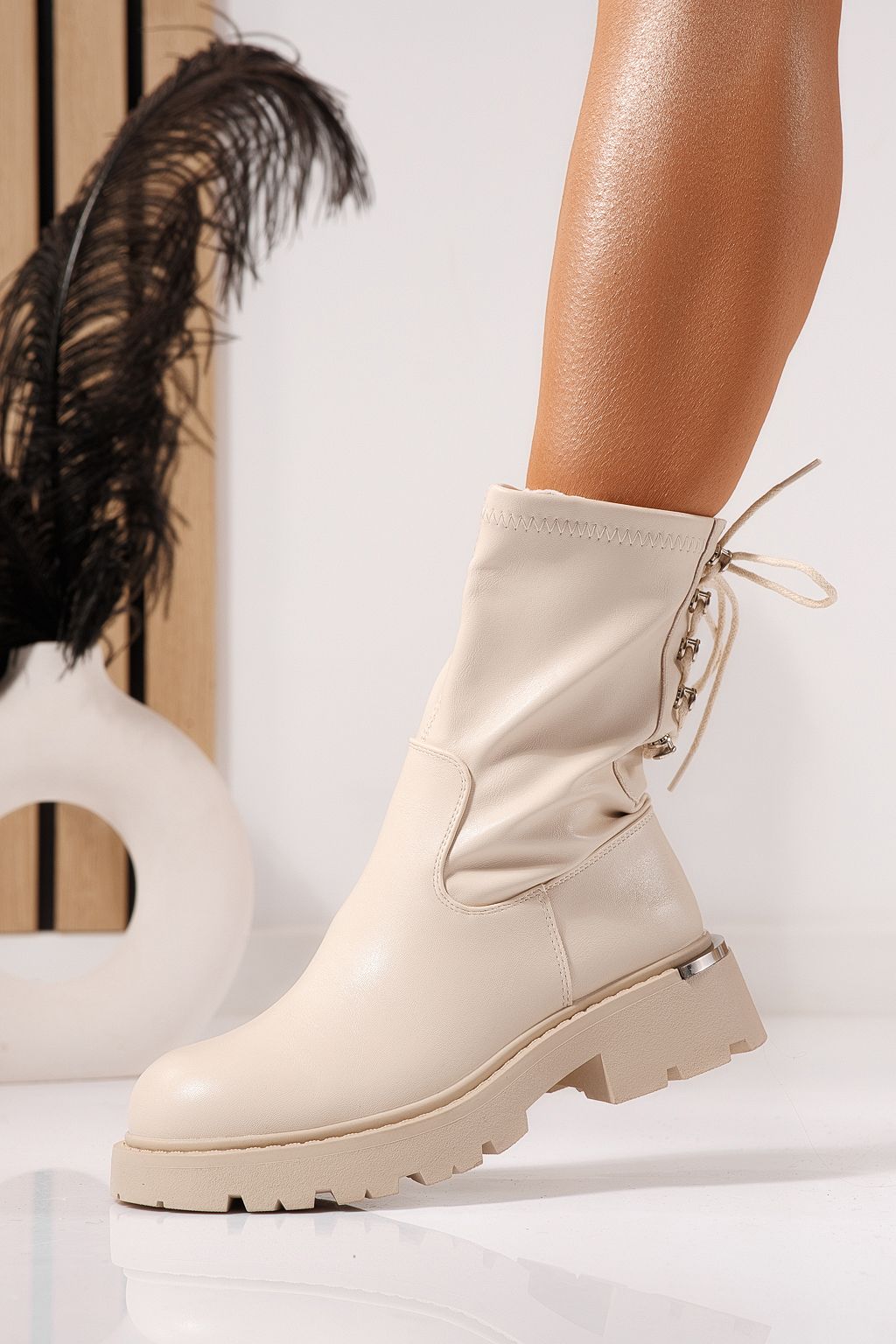 Ghete dama captusite bej din piele ecologica Evelyn #23077