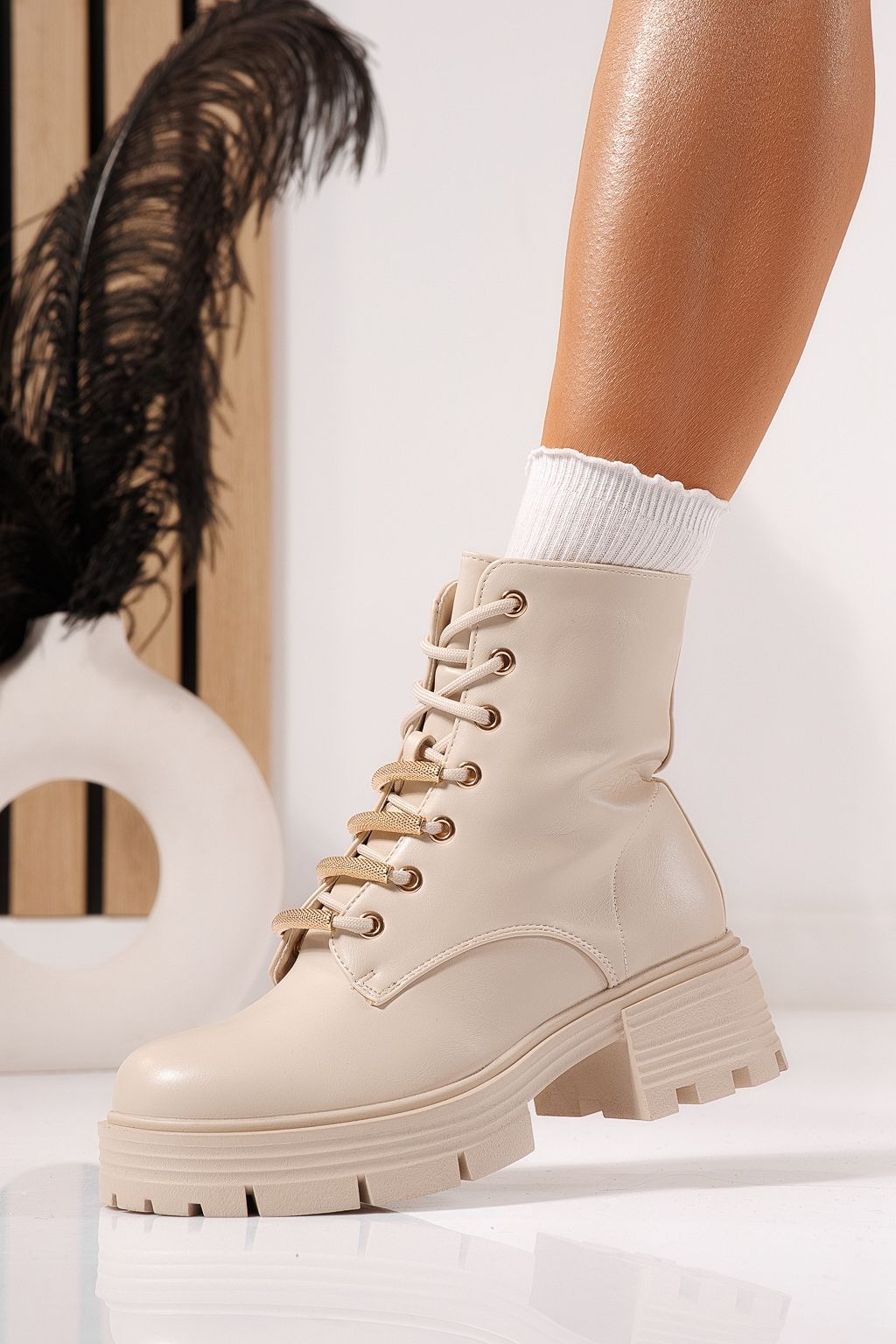 Ghete dama îmblanite bej din piele ecologica Julia #23087