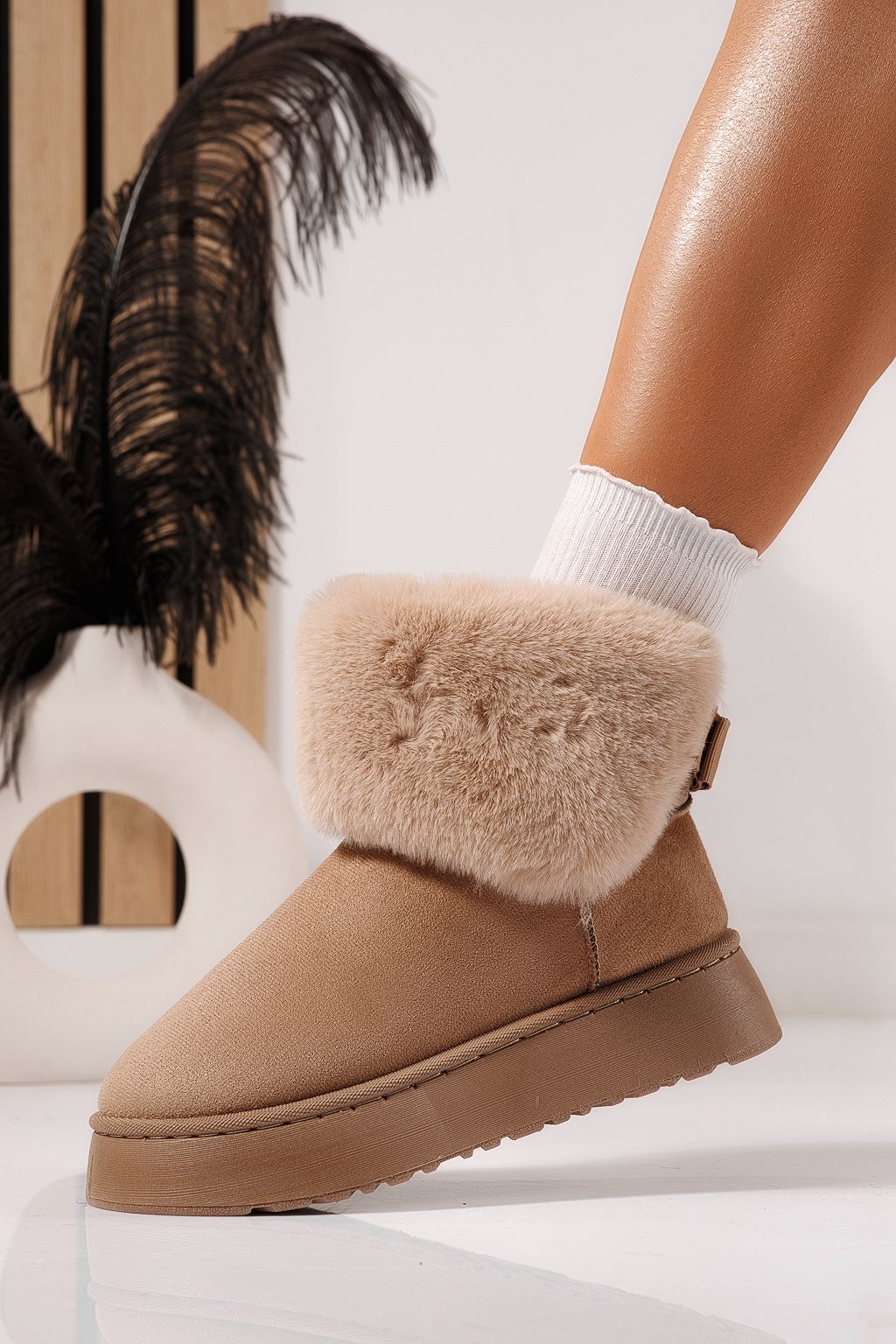 Cizme scurte dama îmblanite tip Ug khaki din piele ecologica intoarsa Beatrice #23069