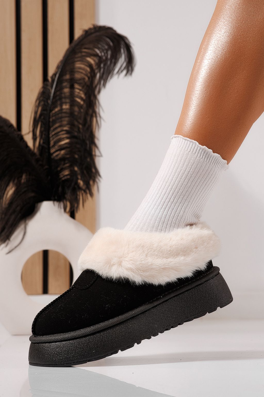 Ghete dama îmblănite tip Ug negre din piele ecologica intoarsa Antonia #23061