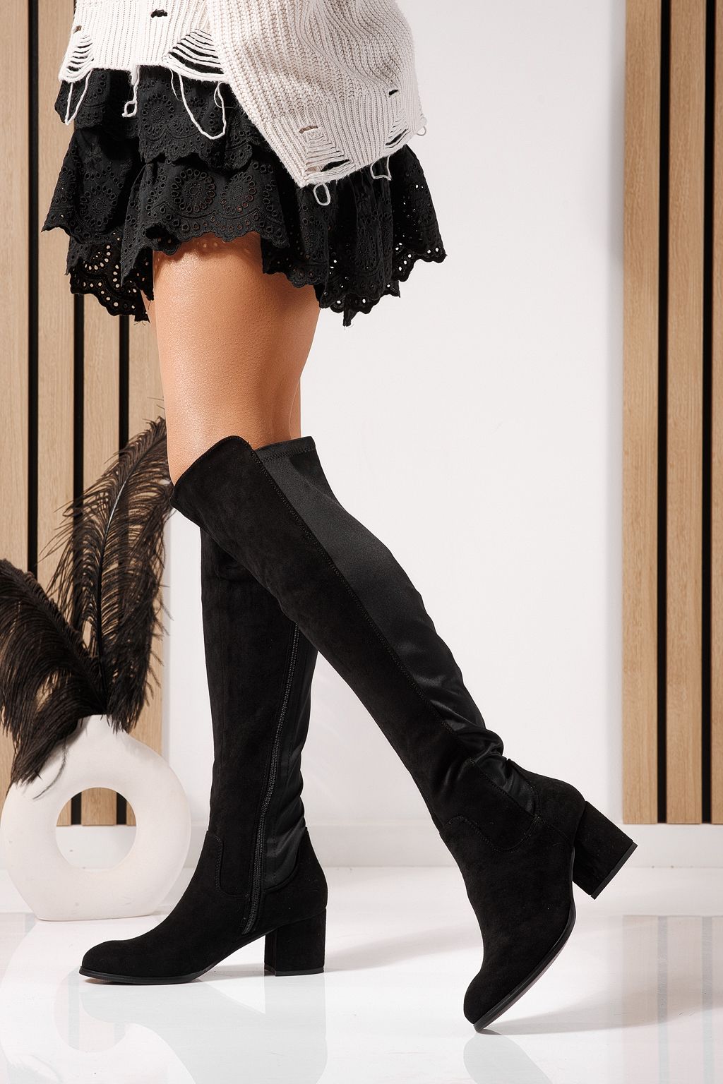 Cizme lungi dama captusite negre din piele ecologica intoarsa Rain #23102