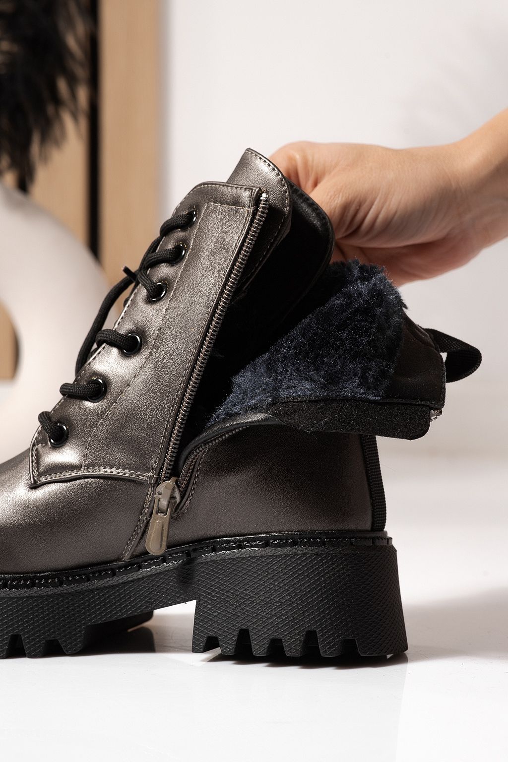 Ghete fete imblanite gri din piele ecologica Alina #23179