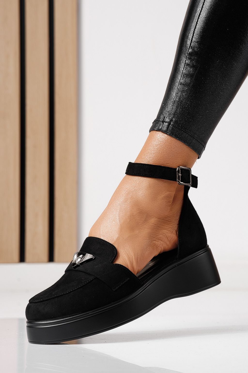 Pantofi casual dama negri din piele ecologica intoarsa Evelina #24097