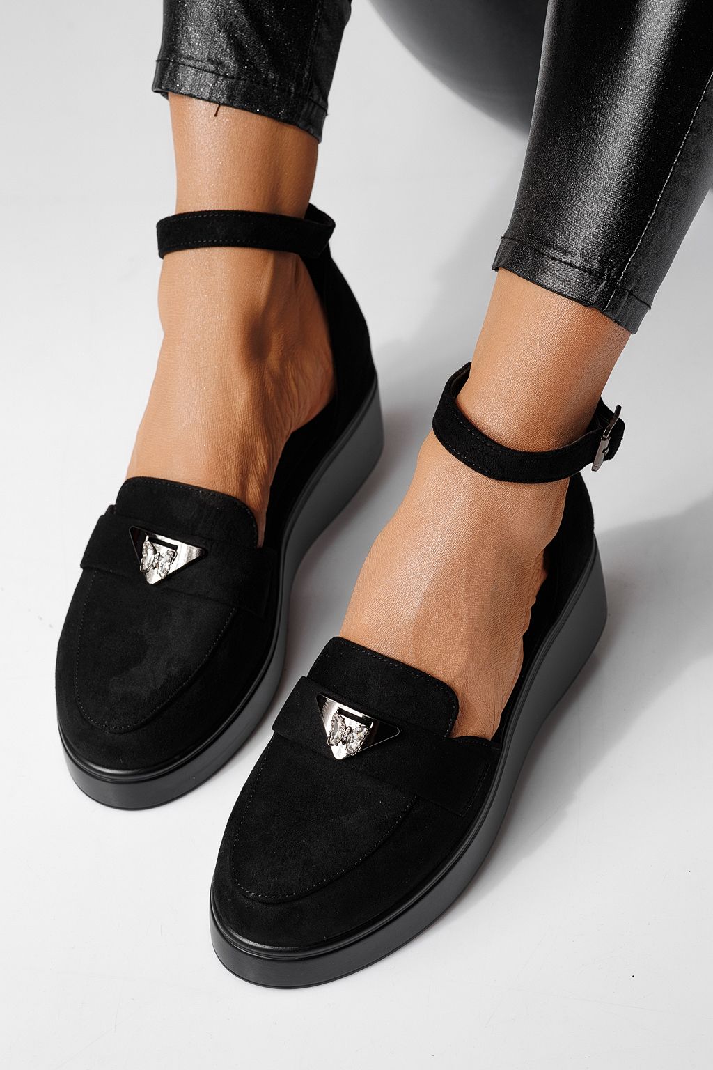 Pantofi casual dama negri din piele ecologica intoarsa Evelina #24097