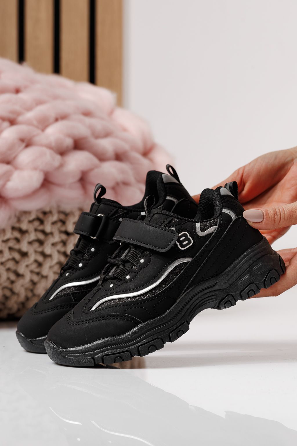 Adidasi copii negri din piele ecologica Arya #24031