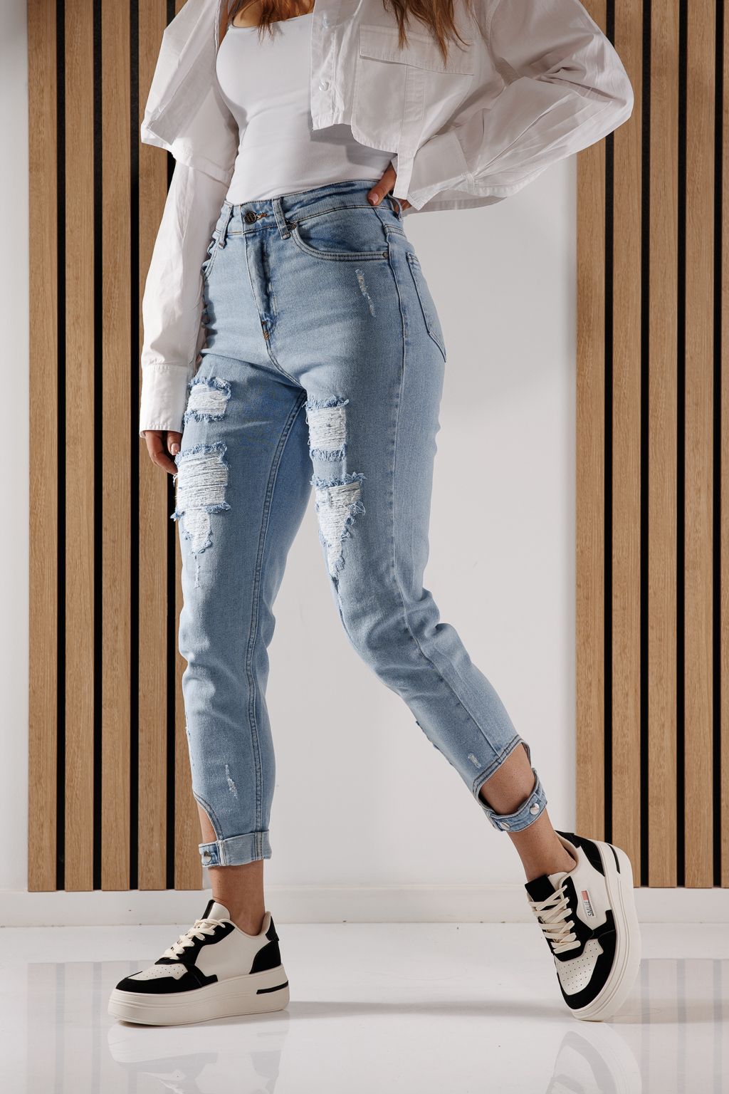 Blugi Dama Boyfriend Flori Albastri #A261