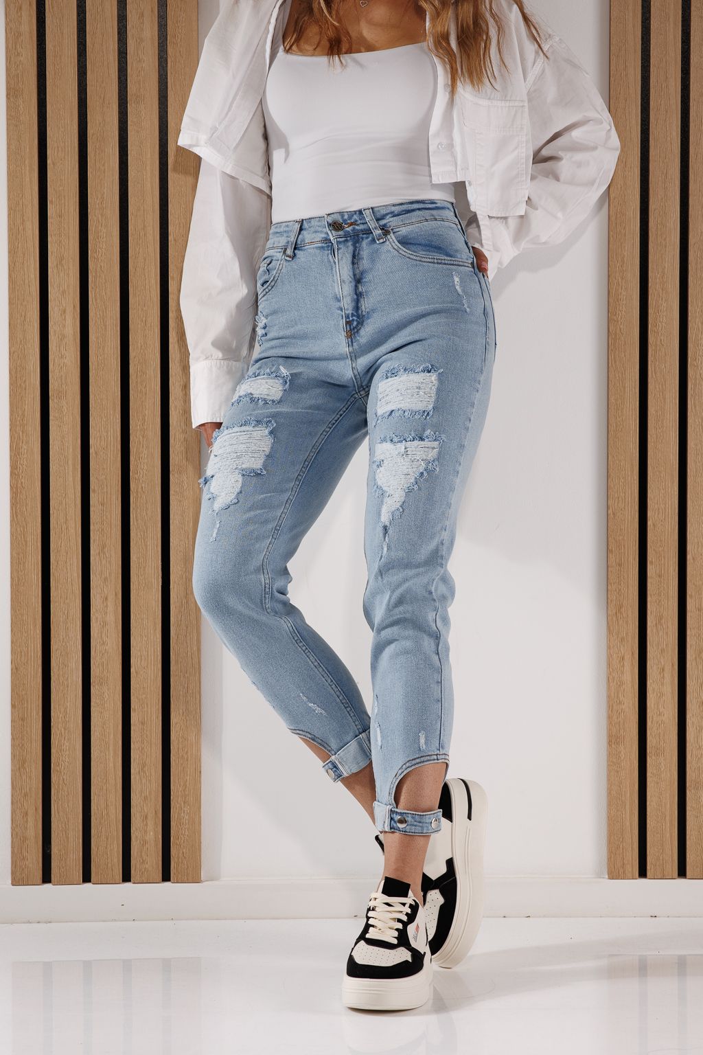 Blugi Dama Boyfriend Flori Albastri #A261