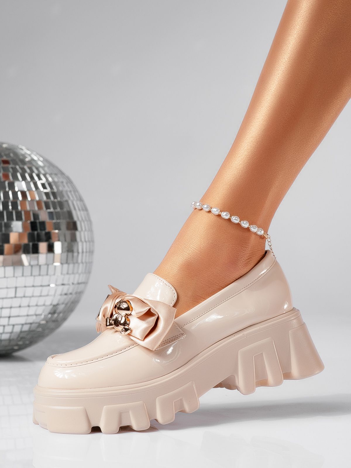 Pantofi casual dama bej din piele ecologica lacuita Natalia2 #24483