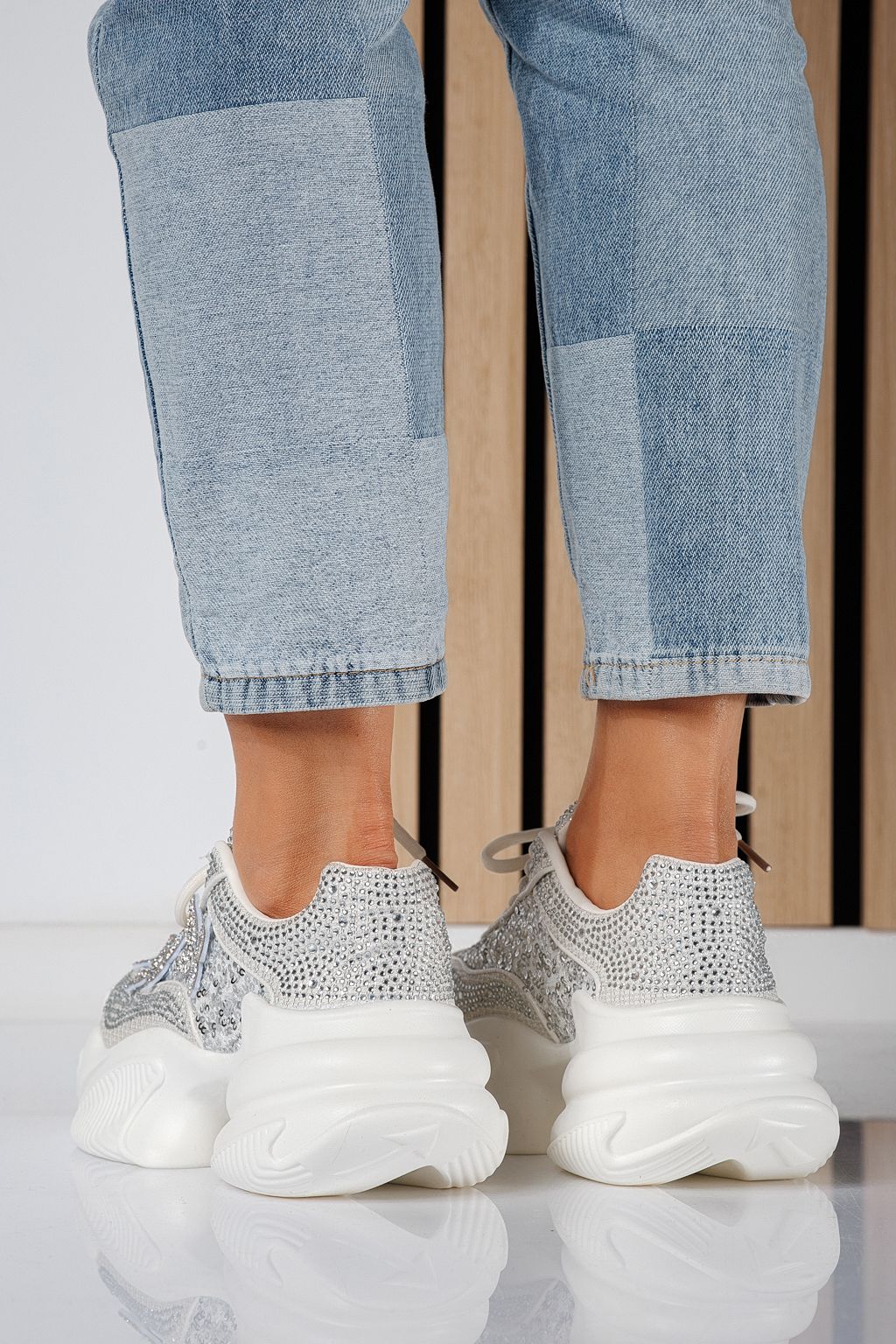 Adidasi dama albi din material textil intoarsa Evelyn #24534