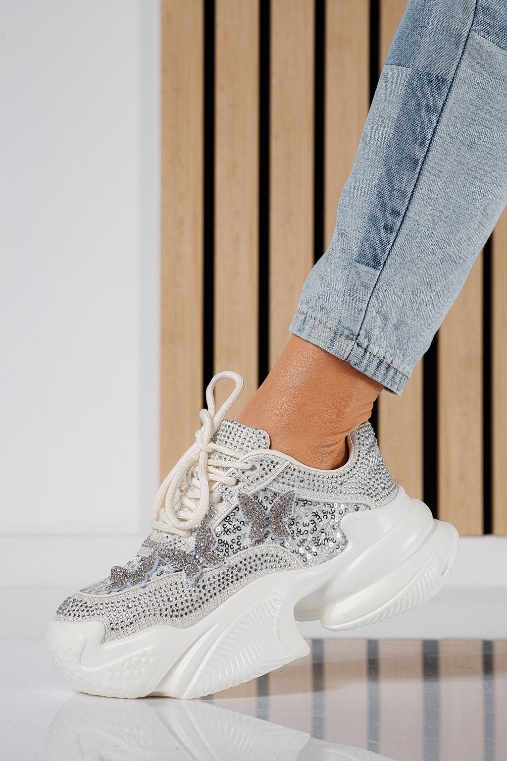 Adidasi dama albi din material textil intoarsa Evelyn #24534