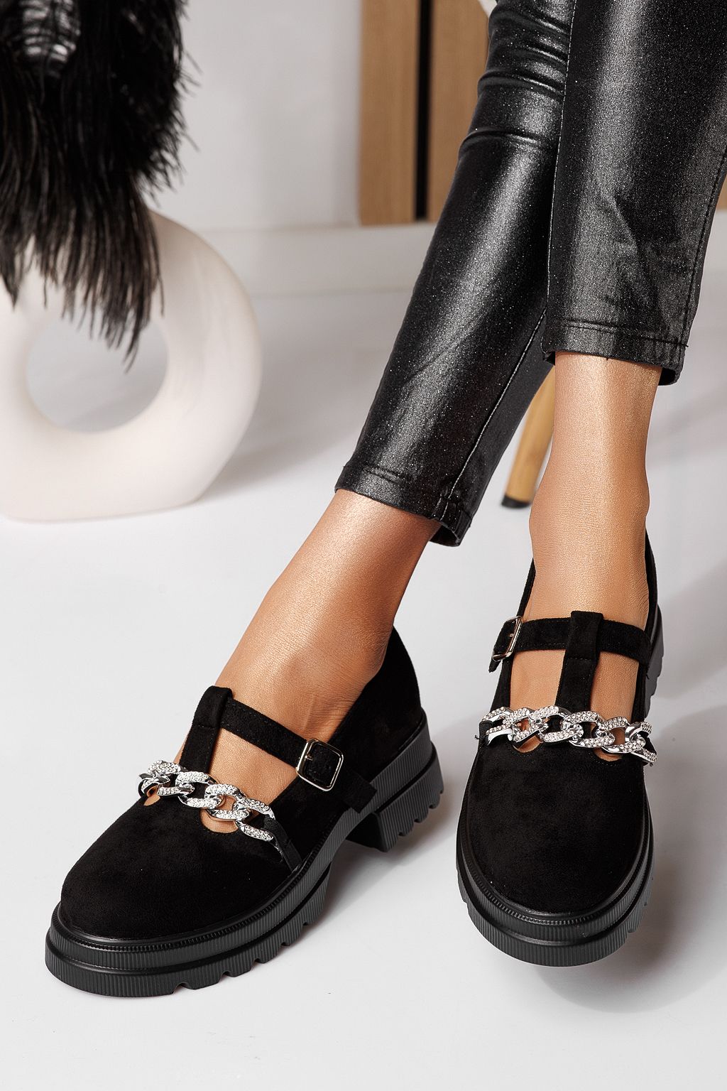 Pantofi casual dama negri din piele ecologica intoarsa Vespera #24566