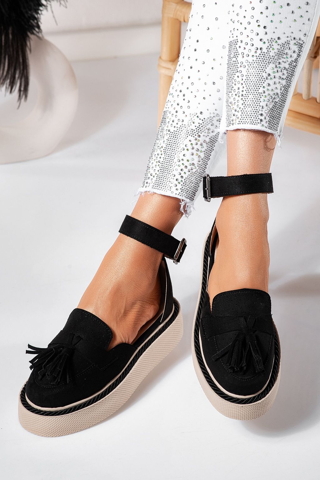 Pantofi casual dama negri din piele ecologica intoarsa Aryan #24612