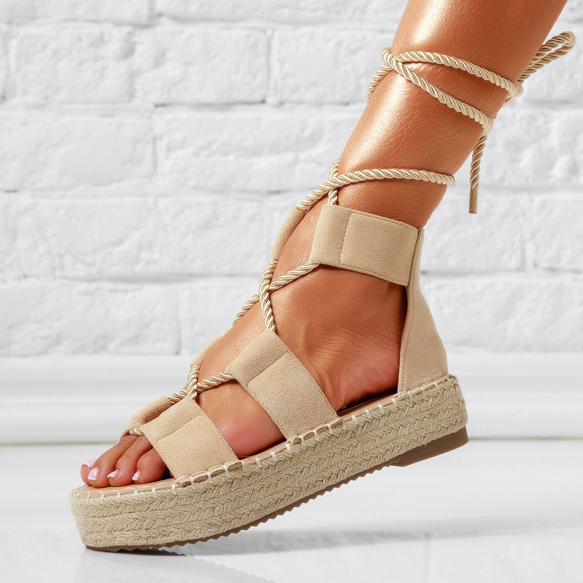 Sandale cu platforma dama bej din piele ecologica intoarsa Miha #24787