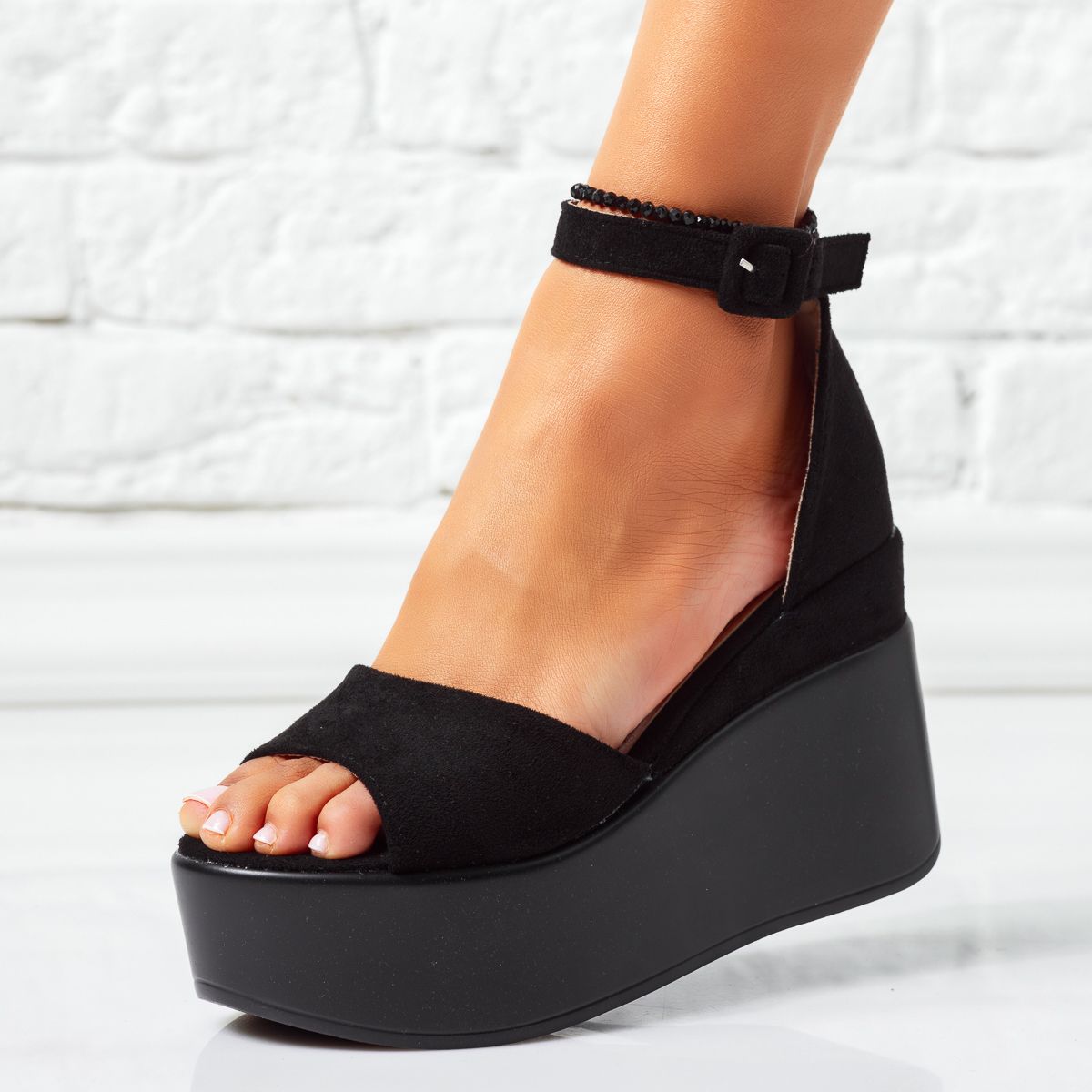 Sandale cu platforma dama negre din piele ecologica intoarsa Reese #24789
