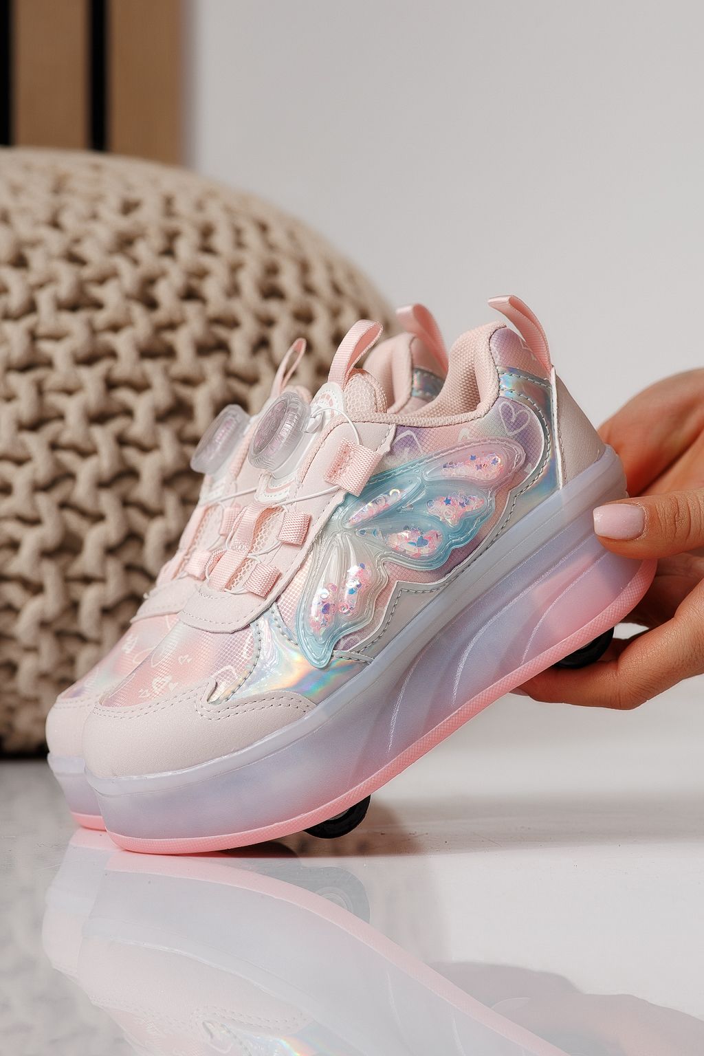 Adidasi cu role roz din material textil Helys3 #24869