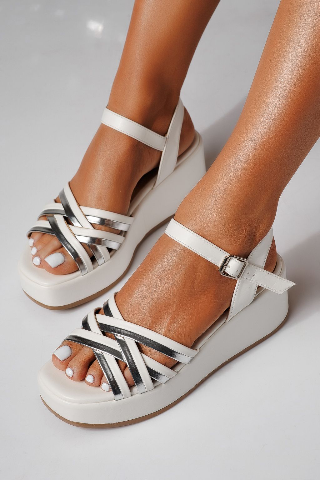 Sandale cu platforma dama albe din piele ecologica Anora #24744